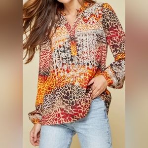 Savanna Jane Top Shirt Blouse Embroidered Animal Print Long Sleeve Large
